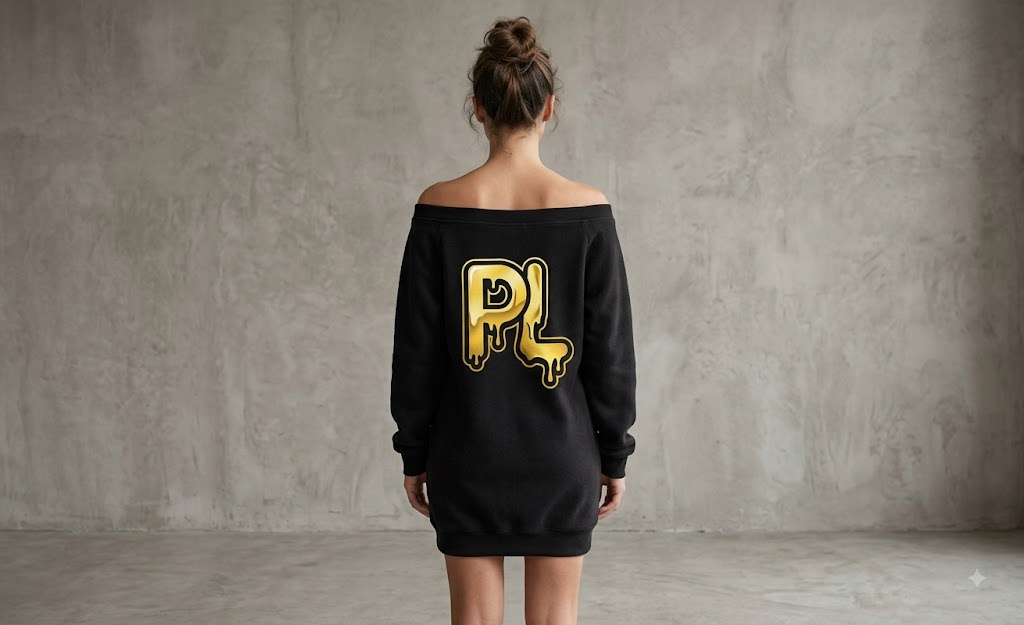 PL Drip Off-The-Shoulder Fleece Mini Dress